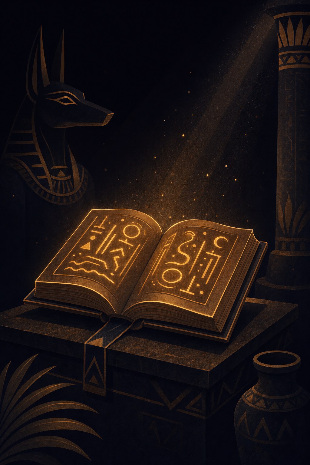 Illustration av en gammal uppslagen bok med glödande hieroglyflika symboler mot en mörk, sandfärgad neonbakgrund