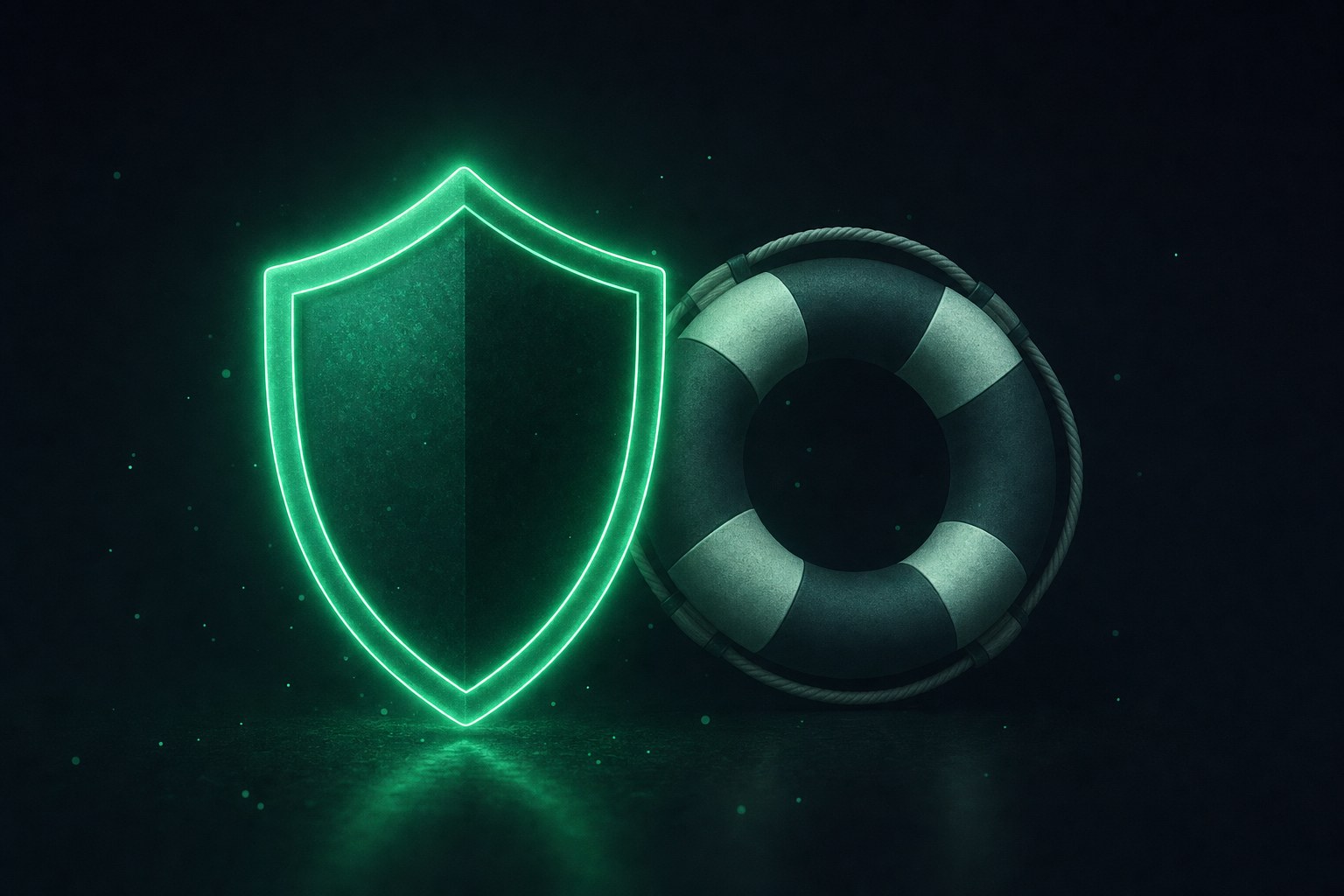 Illustration av en glödande sköld i neongrönt bredvid en livboj mot mörk bakgrund, som symboliserar verktyg för ansvarsfullt spelande