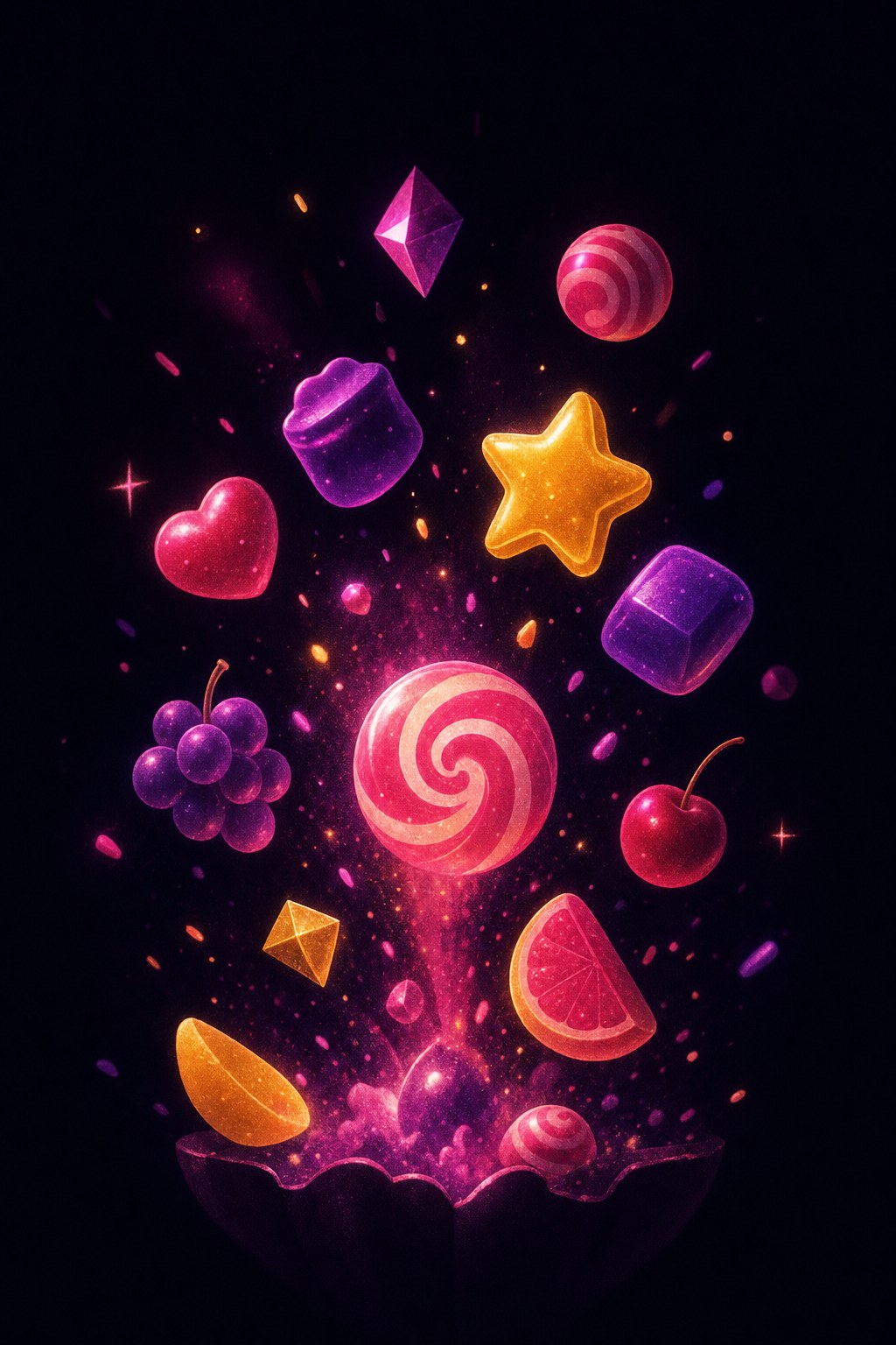 Illustration av godis, frukt och ädelstensformer i neonfärger mot en mörk bakgrund, inspirerat av slotspelet Sweet Bonanza